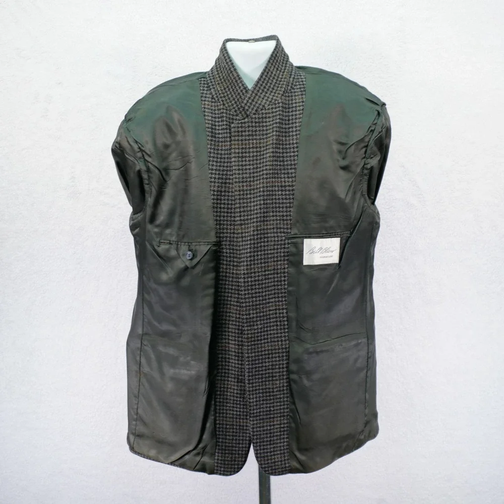 Bill Blass Signature -44R- Tweed Wool Black Gray Houndstooth W/ Brown Green Wind